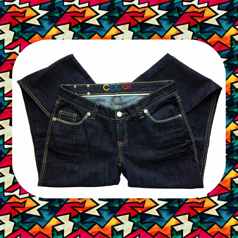 COOGI Dark Blue Straight Leg Jeans with Multicolor Rhinestone Logo - Picture 2 of 4